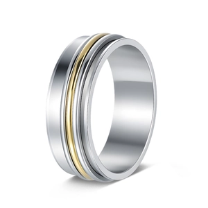 Detail of 8mm rotating titanium steel ring featuring silver band with gold decorative inlay