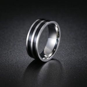 8mm silver stainless steel ring with double black stripes and brushed metal finish
