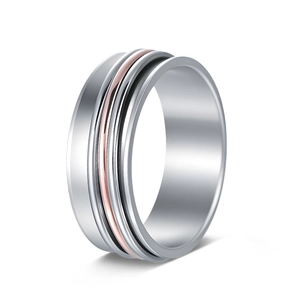 Detailed view of 8mm rotating titanium steel ring with silver and rose gold stripe finish