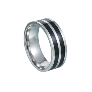8mm silver stainless steel men's ring with double black enamel stripes on white background