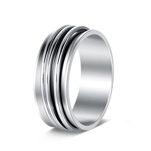 Close-up of a silver titanium steel spinning ring with three parallel groove details
