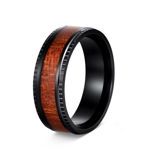 Vintage Men Black Titanium Steel Ring With Acacia Wood Inlay Stepped Gear Edge Design Natural Style Finger Ring Jewelry
