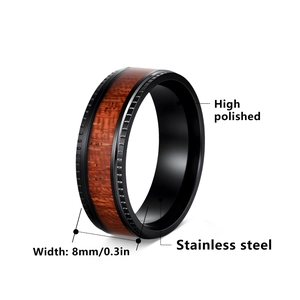 8mm black stainless steel men's ring with polished koa wood inlay and gear-edge detail