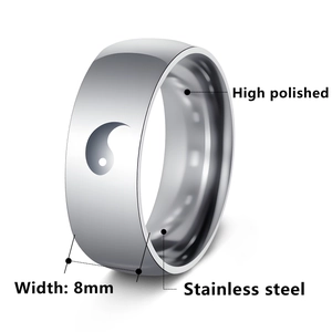 8mm high polished stainless steel Yin Yang ring with laser cut Tai Chi design for men