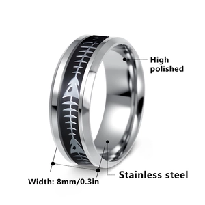 8mm stainless steel ring featuring a black fishbone inlay and high polished finish