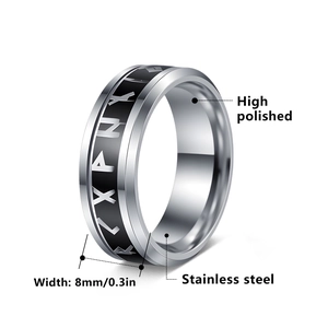 Men's 8mm stainless steel ring with black Elder Futhark rune engravings and high polished finish