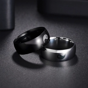 8mm stainless steel Yin Yang laser engraved rings in black and silver polished finish