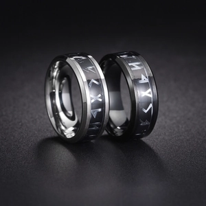 Polished titanium steel Viking rune rings for men in silver and black finishes