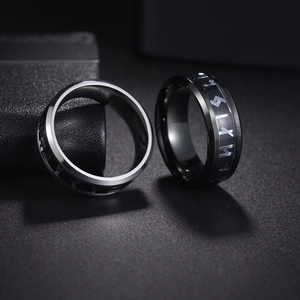 Viking rune engraved rings in silver and black stainless steel for men and women