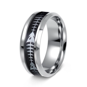 Close-up of 8mm stainless steel ring featuring a silver fishbone pattern inlay