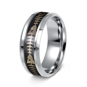 Close-up of 8mm stainless steel ring with golden fishbone pattern inlay on black enamel
