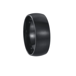 Macro shot of 8mm black brushed stainless steel dome ring with matte textured finish
