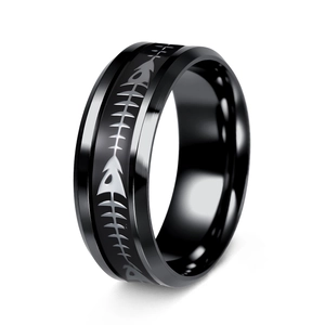 Macro detail of 8mm black stainless steel ring featuring silver fishbone pattern inlay