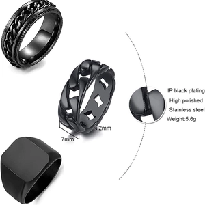 3-piece men's black stainless steel ring set featuring spinner chain and signet rings
