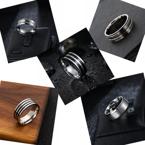 Men's minimalist stainless steel ring set with silver and black striped matte finish