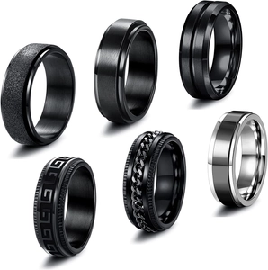 Men Black Titanium Steel Spinner Ring Anxiety Relieving Assorted Designs Chain Inlaid Matte Polished Finger Rings Jewelry