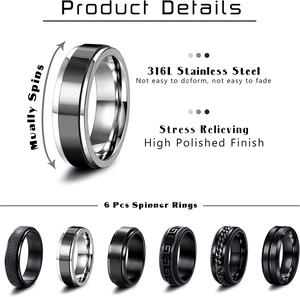 6Pcs men's black stainless steel spinner ring set for stress relief and anxiety