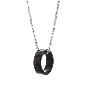 Nordic Viking rune engraved black ring pendant on silver titanium steel chain necklace