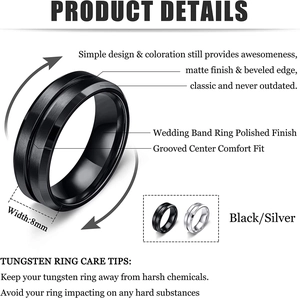 Detail view of 8mm tungsten ring showing matte grooved center and beveled edges