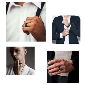 Black titanium steel rotating ring set with matching earrings for men in modern style
