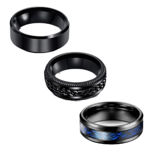 Three-piece men's black stainless steel ring set with chain and blue Celtic pattern