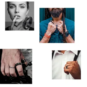 Men's rotatable black titanium steel ring set with chain and matte textured finish