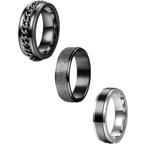 Three-piece men's black and silver stainless steel spinning chain rings set