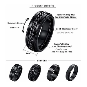 Men black stainless steel spinner ring set with 8mm chain design and polished finish