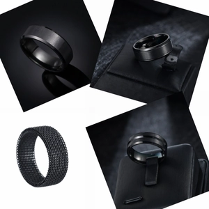 Set of four 8mm black stainless steel rings with brushed, polished, and woven mesh finishes