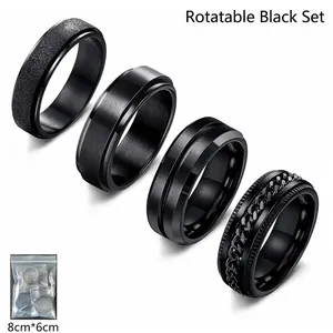 Stainless Steel Spinner Ring Set For Men Black Anxiety Relief Rotating Ring Chain Matte Polished Band Fashion Jewelry