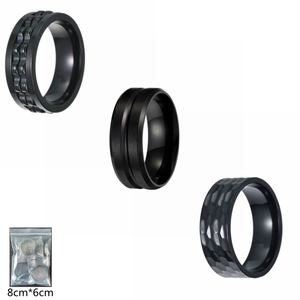 Men Stainless Steel Black Band Rings Hammered Grooved Wave Design Fashion Jewelry Accessory For Daily Wear Office Gift
