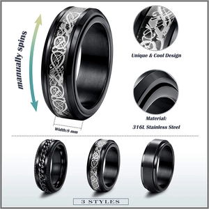 8mm 316L stainless steel rotatable ring set featuring Celtic dragon and chain designs
