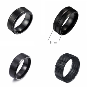 Set of four 8mm black stainless steel rings for men with brushed and chain link textures