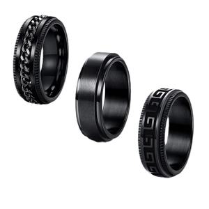 3-piece men's black stainless steel ring set with chain, brushed, and meander patterns