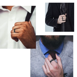 Detail of men's black titanium ring with carbon fiber texture in professional business settings
