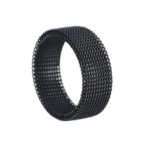 Macro shot of 8mm wide black stainless steel mesh ring with matte woven texture