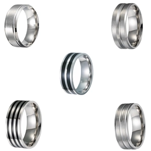 5-piece silver stainless steel ring set for men featuring brushed and polished finishes