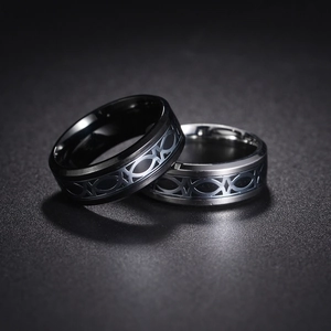8mm Celtic knot titanium steel ring with black and silver geometric inlay and beveled edges