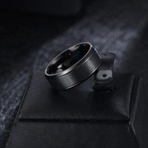8mm matte black stainless steel ring for men with polished beveled edges and modern style