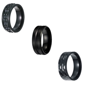 Men's black titanium steel rings set featuring gear, brushed and hammered textures