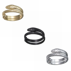Three minimalist snake rings in gold, black, and silver finishes with scale textures