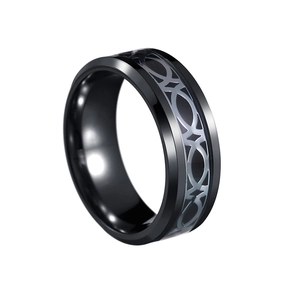 8mm black polished stainless steel ring with silver Celtic knot pattern at 45-degree angle