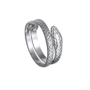Detailed view of silver snake ring featuring intricate scale texture and adjustable open band