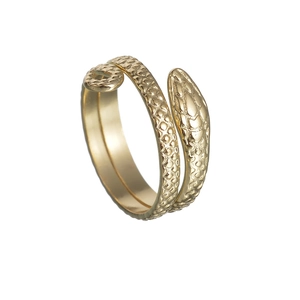 Macro shot of gold snake ring featuring detailed scale textures and adjustable band