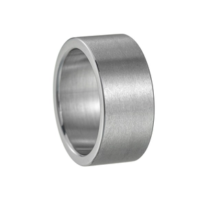 Macro detail of 10mm wide brushed stainless steel ring with matte silver finish