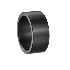 Close-up of 10mm wide matte black titanium steel ring with brushed industrial finish