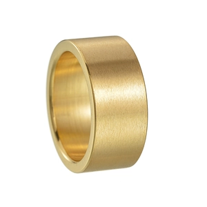 Detail of 10mm wide gold titanium ring featuring a brushed matte horizontal finish