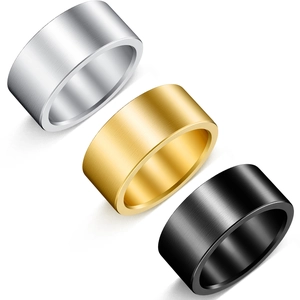 Minimalist 10mm wide matte titanium steel band rings in silver, gold and black finishes