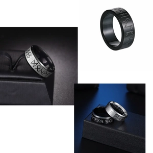 Three-piece black and silver stainless steel Viking rune rings with Nordic engravings