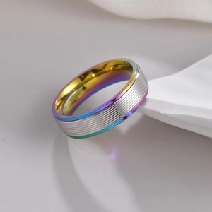 Macro detail of 6mm rainbow titanium steel ring featuring horizontal grooved texture